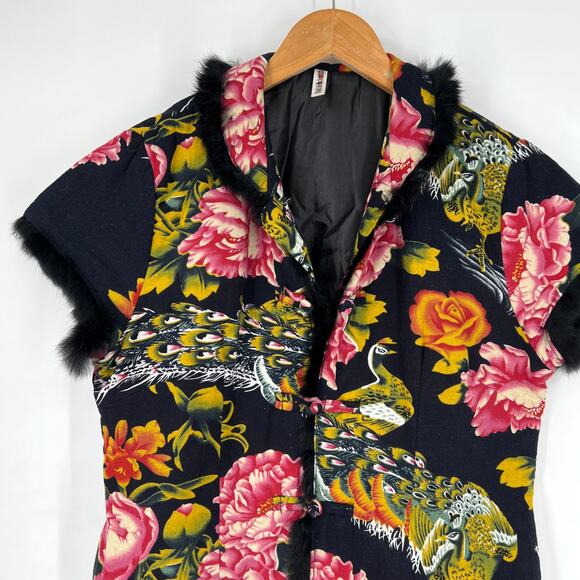 Y2k Happy Rhyme Fur Trim Peacock Ploral Print Kimono Style Short Sleeve Jacket - Picture 6 of 6